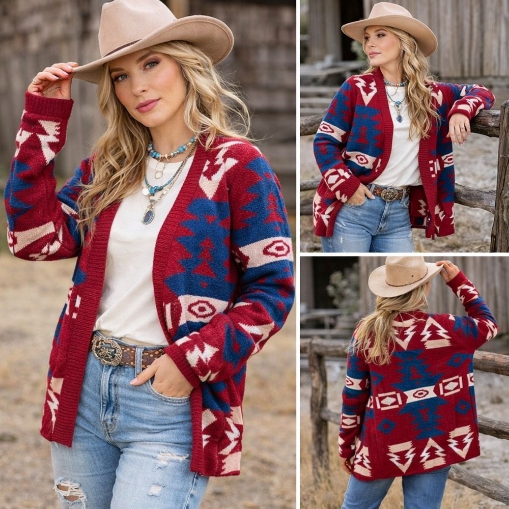 Davi & Dani Aztec Cardigan Large Open Front Boho Southwestern Knit NWT Pockets
